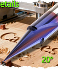 Close-up of 20° Nano Blue Coated CNC Wood Engraving Router Bit Set One Quarter Inch Shank With 15 20 60 90 Degree V Bits