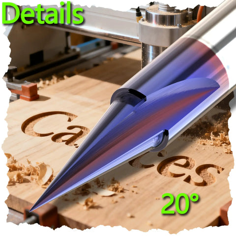 Close-up of 20° Nano Blue Coated CNC Wood Engraving Router Bit Set One Quarter Inch Shank With 15 20 60 90 Degree V Bits