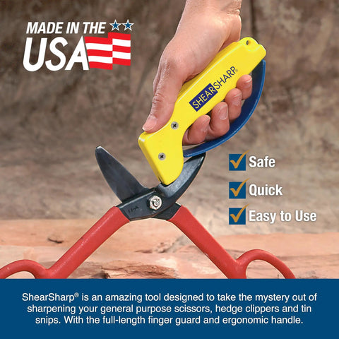 Honed Tungsten Carbide Scissors Sharpener For Kitchen, Garden, Hedge Clippers, And Shears Gets A Razor Edge Fast In Seconds Compact Yellow Handheld Tool For Home, Workshop, And Garden in use with garden shears