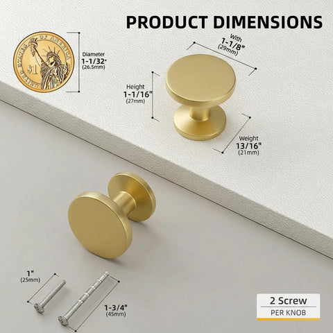 10 Pack Brushed Brass Cabinet Knobs Round Gold Drawer Knobs Kitchen Cabinet Handles Solid Zinc Alloy Pulls For Bathroom Dresser Hardware Beefy Durable Smooth Satin Finish Easy Install Timeless Modern Kitchen Update, size diagram with screws