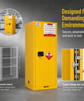 Rock Solid Shop Ready 60 Gallon Steel Flammable Liquid Safety Cabinet With Spill Sump Adjustable Shelves And Grounding Wire For Auto Garages And Job Sites, yellow cabinet with lock and adjustable shelves.