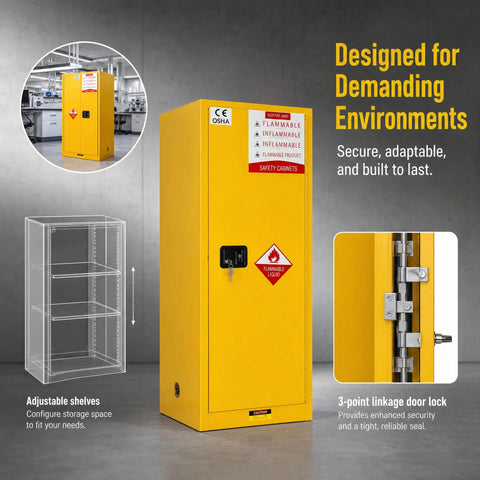 Rock Solid Shop Ready 60 Gallon Steel Flammable Liquid Safety Cabinet With Spill Sump Adjustable Shelves And Grounding Wire For Auto Garages And Job Sites, yellow cabinet with lock and adjustable shelves.