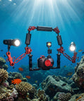 5-In-1 Underwater Camera Mount Kit With 1 Inch Ball Head Aluminum Diving Arm System deployed underwater among coral and fish