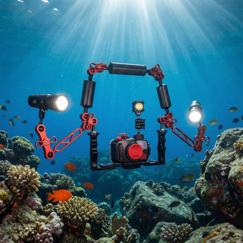 5-In-1 Underwater Camera Mount Kit With 1 Inch Ball Head Aluminum Diving Arm System deployed underwater among coral and fish