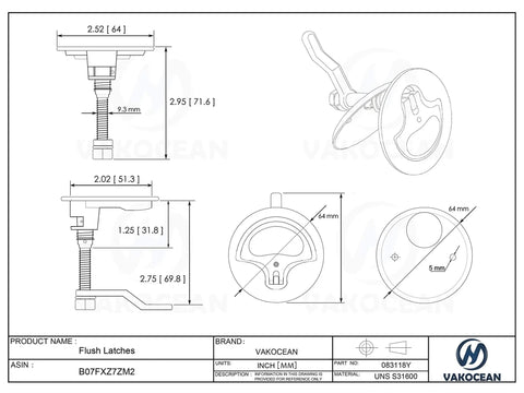 Heavy Duty 316 Marine Stainless Steel Hatch Lift Cam Latch With Flush Pull Handle And Bolts 2 Inch Cutout Deck Gear No Sweat Setup Top Shelf Quality With Red Dot Lock Indicator dimensions drawing