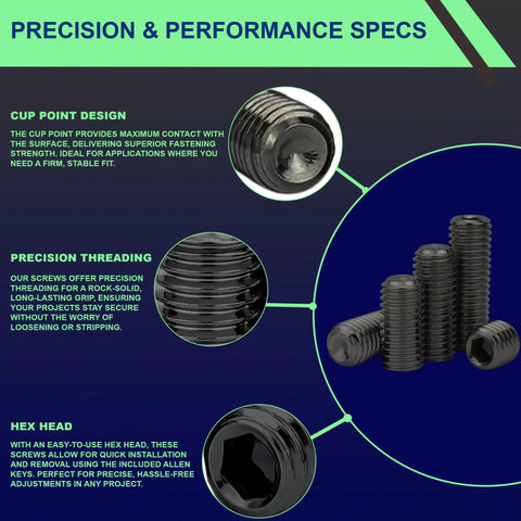 60 Piece Set Screws Kit With Allen Keys, M3 M4 M5 M6 M8 Metric Cup Point, Black Alloy Steel, product features displayed