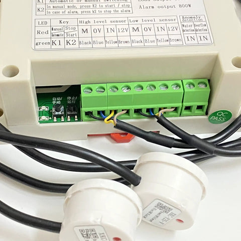 Automatic Water Level Controller For Tanks With Two Non Contact Water Level Sensors, 1 Meter Cable, connectors and wiring displayed