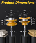 Solid Ogee Router Bit Set For Fine Woodworking With Three Knockout Rail And Stile Cutters dimensions shown on a black background.