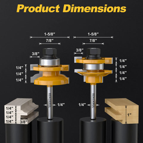Solid Ogee Router Bit Set For Fine Woodworking With Three Knockout Rail And Stile Cutters dimensions shown on a black background.