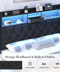 Modern Queen Bed Frame With Hidden Storage Drawers Led Lights And Usb Charging Port Linen Upholstered Platform Base showcasing the storage headboard with built-in outlets.
