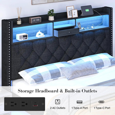 Modern Queen Bed Frame With Hidden Storage Drawers Led Lights And Usb Charging Port Linen Upholstered Platform Base showcasing the storage headboard with built-in outlets.