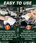 Steps for using Lithium Grease Tube With Brush, showing cleaning metal with cloth, and applying grease to gears.