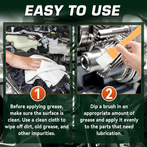 Steps for using Lithium Grease Tube With Brush, showing cleaning metal with cloth, and applying grease to gears.