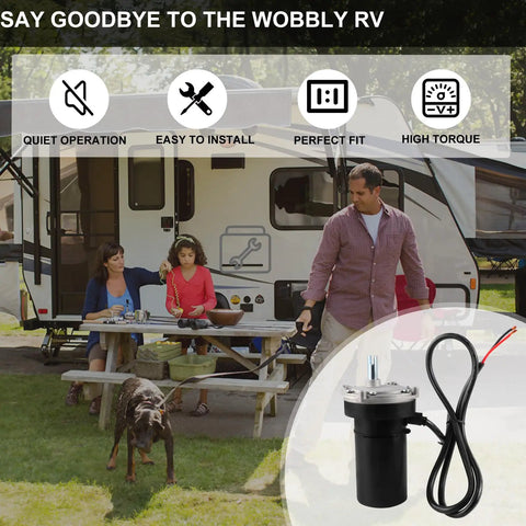 Rear RV Electric Stabilizer Jack Motor Replacement For Lippert Systems in campsite setting with family and dog