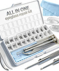 All In One Eyeglass Repair Kit You Can Grab And Go With 18 Screw Sizes, 1.4mm Precision Screwdrivers, Tweezers, Nose Pads And Cleaning Cloth For All Eyewear Types, Compact Handy Glasses Repair Kit displayed in open case with tools and assorted screws.