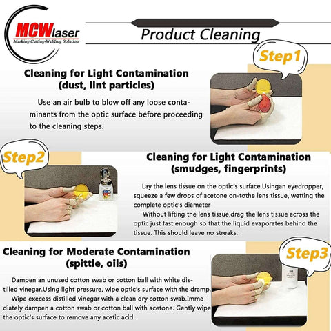 CNCOLETECH CO2 laser lens cleaning infographic with MCW Laser logo showing Step 1–3 lens cleaning steps.