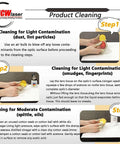 CO2 laser lens cleaning infographic, front view showing Step 1-3 with a yellow lens and cleaning supplies.