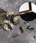 Mini 18x15mm Hinges Set For Wooden Jewelry Boxes And Cabinets with loose and installed hinges on a wooden box