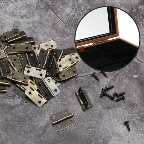 Mini 18x15mm Hinges Set For Wooden Jewelry Boxes And Cabinets with loose and installed hinges on a wooden box