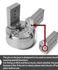 NCK Series Quick Change Woodturning Lathe Jaws for pipe and spoon making with measurement markings and fitment instructions.