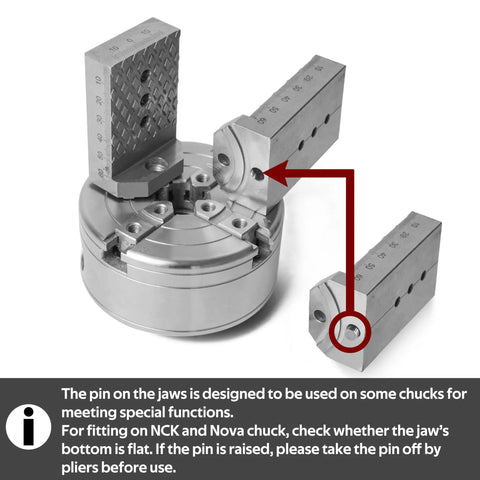 NCK Series Quick Change Woodturning Lathe Jaws for pipe and spoon making with measurement markings and fitment instructions.