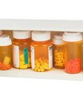 Lockable Safe For Meds With Patented Locking Mechanism Steel Reinforced Body Built To Last Includes 2 Serialized Keys Holds 7 Standard Bottles Mounts Easily In Cabinet Or Vanity Drawer White Finish showing open door with bottles