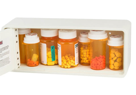 Lockable Safe For Meds With Patented Locking Mechanism Steel Reinforced Body Built To Last Includes 2 Serialized Keys Holds 7 Standard Bottles Mounts Easily In Cabinet Or Vanity Drawer White Finish showing open door with bottles