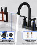 Front view of matte black HURRAN bathroom faucet set, 4-inch centerset with dual handles, high-arc spout, pop-up drain