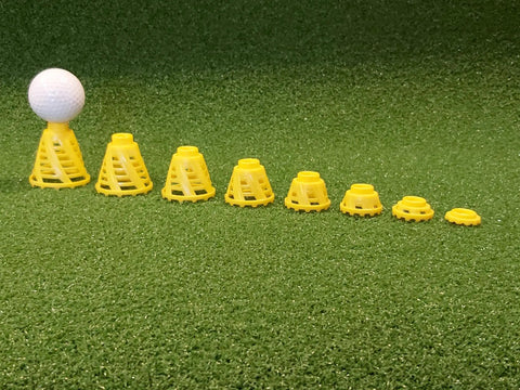 Pro Speed Indoor Golf Tees Eight Pack With Enhanced Durability, Flexible Plastic, And Varied Heights, yellow on green turf