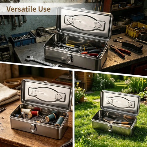 Heavy Duty Stainless Steel Toolbox With Carry Handle, Waterproof And Rustproof Utility Case With Tools And Parts, 13.7 X 6.7 X 4.3 In