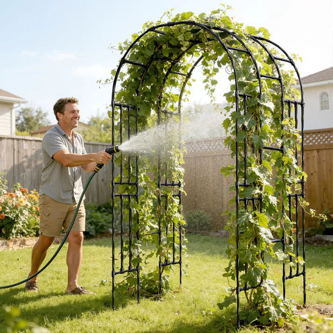 Walk Through Garden Arch Trellis For Climbing Plants Outdoor 3.9x7.9 Feet Steel With PE Coating Weather Resistant Black Garden Arbor being watered
