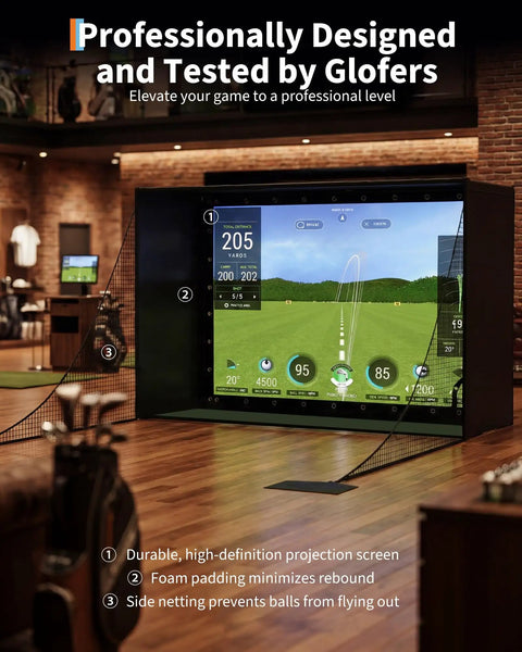 Indoor Golf Simulator Enclosure Kit 11 By 8 Feet With 4K Ready Impact Screen setup in a home practice space with side nets.