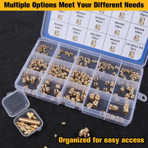 300 Pcs Threaded Inserts Kit For Plastic And 3D Printing Includes Metric Sizes M2 M2.5 M3 M4 M5 M6 And Quarter Twenty Knurled Brass Heat Set Inserts With Welding Adapters In Labeled Divider Box