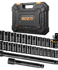 3/8 Inch Drive Impact Socket Set 29 Piece Shallow Socket Kit With SAE 3/8 To 1 Inch And Metric 8 To 22mm Includes 6 Inch And 10 Inch Extensions