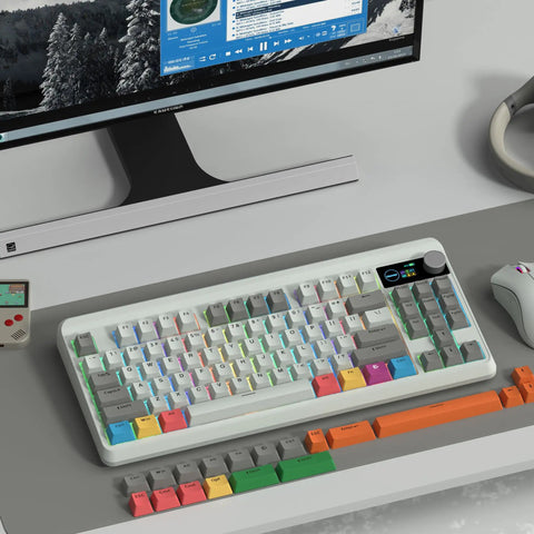 75 Percent Mechanical Keyboard With Tri Mode Wireless Connection And Interactive TFT Display Featuring A Programmable Knob For Custom GIFs, shown on a desk.