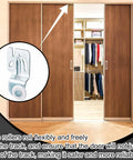 Sliding Closet Door Roller Hardware Kit 10 Pcs Replacement For Top Hung Bypass Wardrobe Doors Seven Eighths Inch Diameter Rollers With About One Half Inch Offset Precise Fit Durable Metal Components For Smooth Operation close-up showing metal roller installed on wooden sliding door.