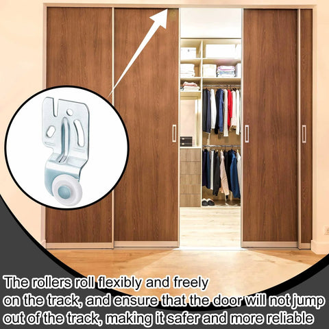 Sliding Closet Door Roller Hardware Kit 10 Pcs Replacement For Top Hung Bypass Wardrobe Doors Seven Eighths Inch Diameter Rollers With About One Half Inch Offset Precise Fit Durable Metal Components For Smooth Operation close-up showing metal roller installed on wooden sliding door.