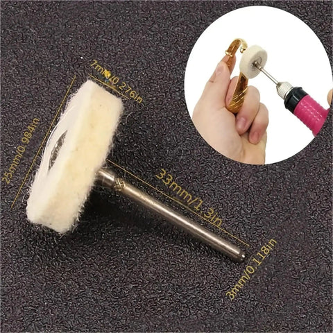 Mini Wool Felt Polishing Brush Wheel Set 40 Pc 1 Inch Wool Felt Grinding Buffing Heads 3mm Shank close-up and usage view.