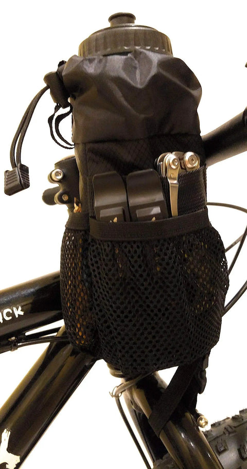 Bike Stem Bag With Insulated Pouch For Snacks And Water Bottle Storage, mounted on bike handlebar, fits 32oz bottles and tools.