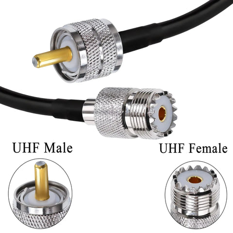 RG58 UHF Coax Extension Cable From Male To Female Killer Low Loss PL 259 Jumper For CB And Ham Radios, 6.6 Ft, connectors detail