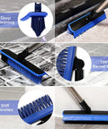 Long Handle V Shaped Grout Scrub Brush With Built In Squeegee Edge shown in use with swivel head and stiff bristles.