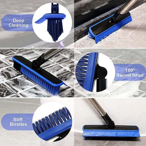 Long Handle V Shaped Grout Scrub Brush With Built In Squeegee Edge shown in use with swivel head and stiff bristles.