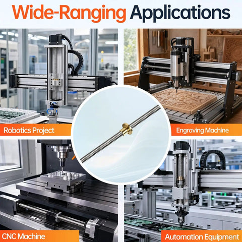 Two Pack 400MM Tr8X4 Lead Screw Kit With Precision Brass Nut stainless steel rod in CNC machine setup for precise automation.