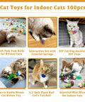 Image of cats playing with a variety of toys from the 100 Piece Cat Toys Variety Pack For Indoor Cats With Mice Toys Sparkle Balls Soft Pom Poms And Spring Toys A Pawsome Kitten Starter Set For Boredom Relief And Daily Exercise