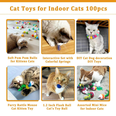 Image of cats playing with a variety of toys from the 100 Piece Cat Toys Variety Pack For Indoor Cats With Mice Toys Sparkle Balls Soft Pom Poms And Spring Toys A Pawsome Kitten Starter Set For Boredom Relief And Daily Exercise