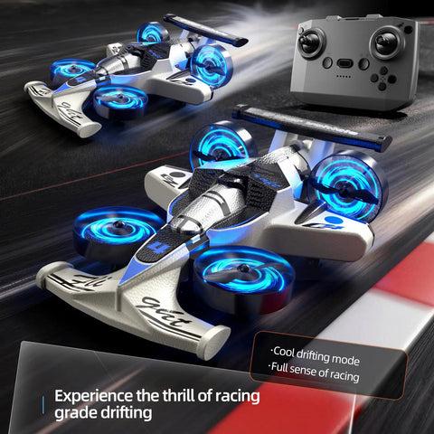 Dual Mode RC Plane Car Toy For Kids Ages 4 To 12 2 In 1 Foam Jet Drone showing ground mode on a race track with a remote control