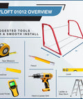 HyLoft 01012 Overview with tools for installing Add-On Storage Hook Accessory for Ceiling Rack White Holds 25 Lbs Each 4-Pack