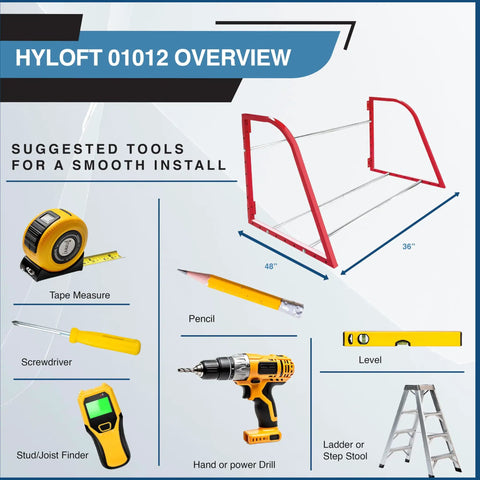 HyLoft 01012 Overview with tools for installing Add-On Storage Hook Accessory for Ceiling Rack White Holds 25 Lbs Each 4-Pack