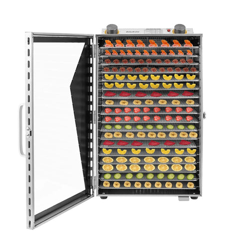 18 Tray Commercial Food Dehydrator With Stainless Steel Build Beef Jerky Dryer 600W Electric Dehydrator filled with fruits