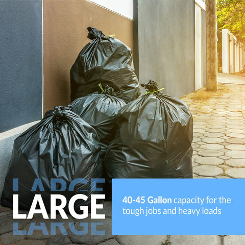 40 To 45 Gallon Heavy Duty Trash Bags 50 Pack Black Garbage Bags For Serious Cleanup displayed outside a building